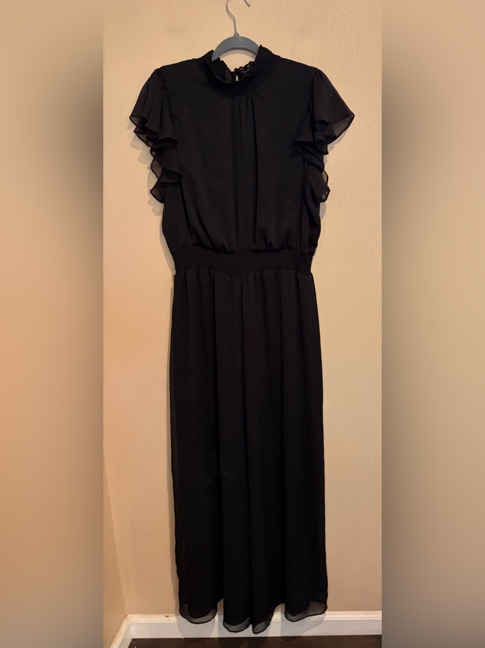 MSK Black Date Night Ankle Pantsuit w/ Frilly Cap Sleeves, High Neckline, XL